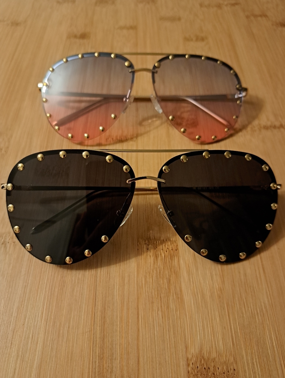 🔥BOGO! 2-Pack Designer Inspired Studded Aviators, Black & Gray/Pink, Gold Studs